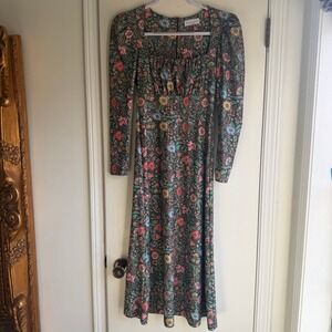 Smith & Quinn Forest Green Floral Ruched Midi Dress Long Puff Sleeve XS